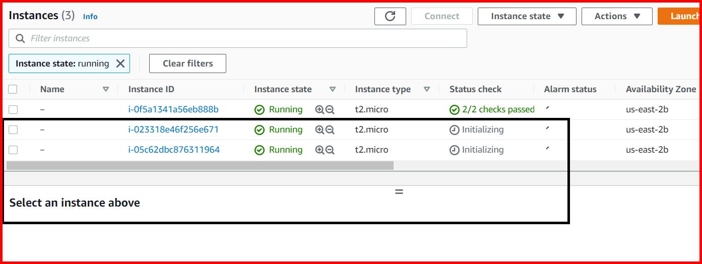 Picture showing the EC2 instances created based on the desired capacity of the autoscaling group
